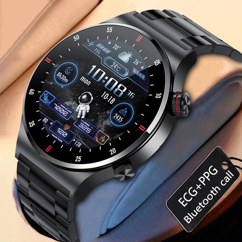 Black QW33 smartwatch worn on a wrist with an astronaut-themed digital display