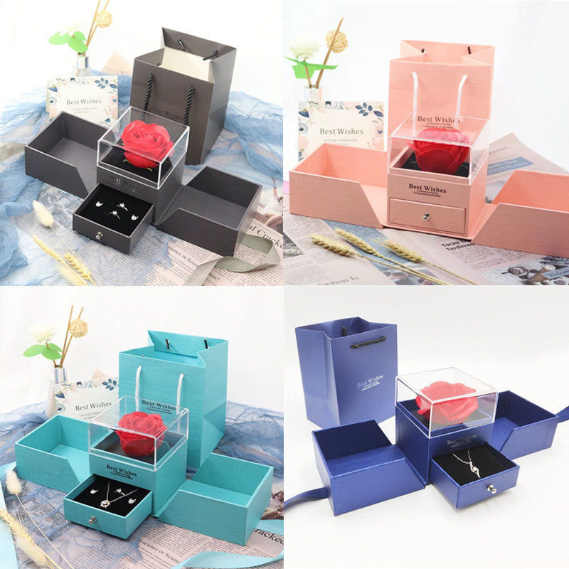 Rose jewelry gift box shown in charcoal, pink, turquoise, and blue with folding side trays