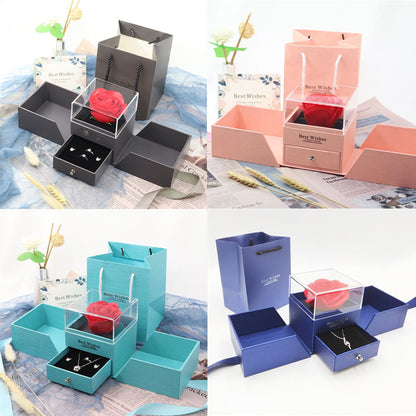 Rose jewelry gift box shown in charcoal, pink, turquoise, and blue with folding side trays