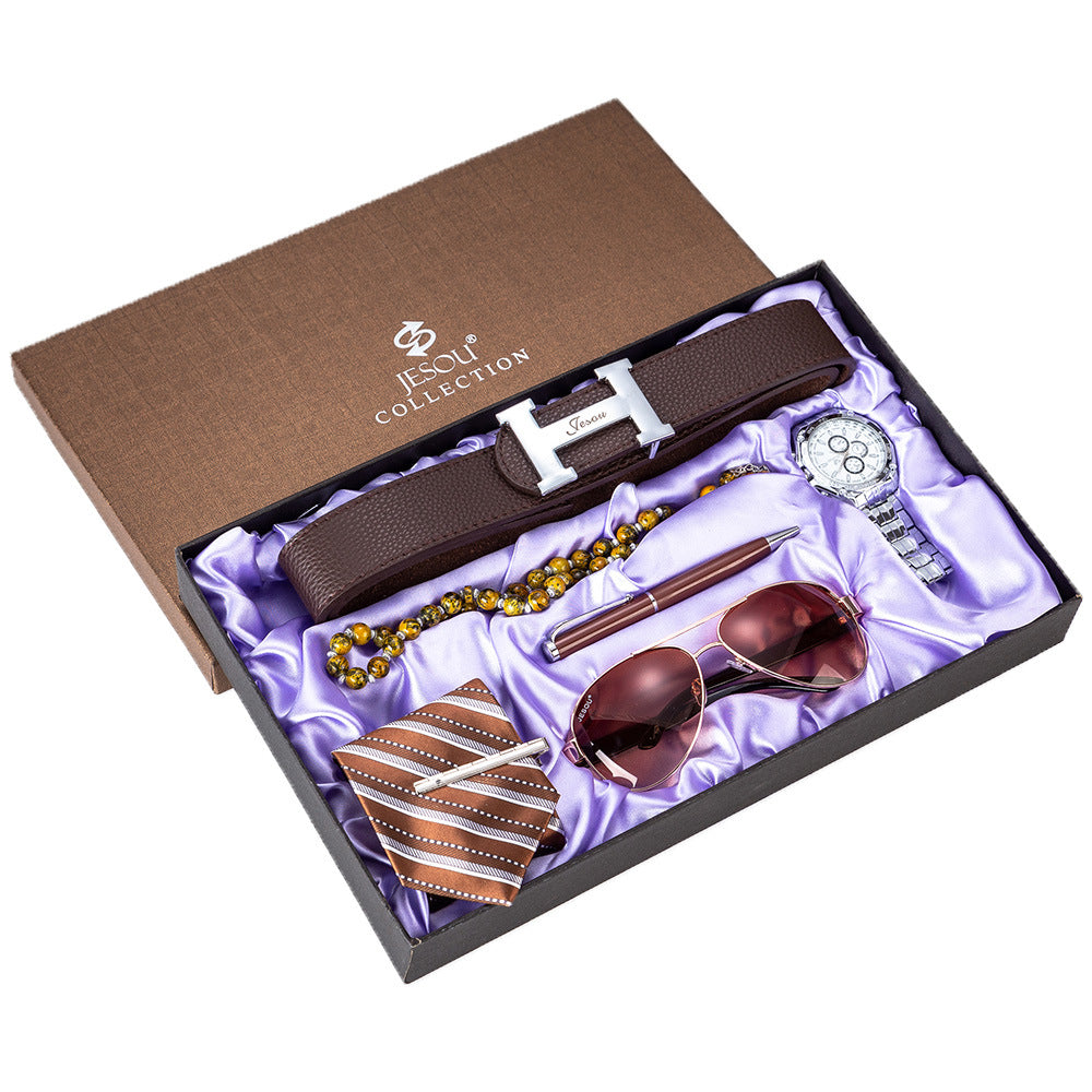 Men's 6-piece gift set with brown belt, sunglasses, watch, striped tie, and beaded accessory