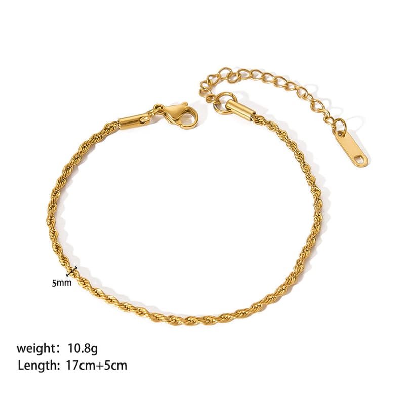 Gold-tone twisted rope link bracelet with clasp and extension chain