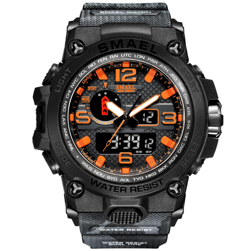 Men's luminous sports alarm watch, black case, orange dial, black strap.