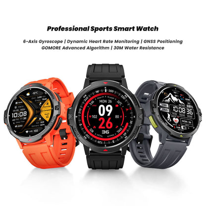Three professional sports smart watches with different colored bands on a white background.