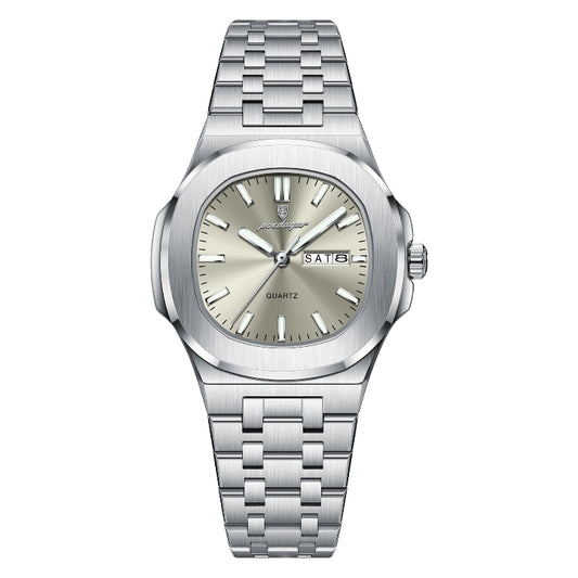 Silver watch with a metallic bracelet on a white background