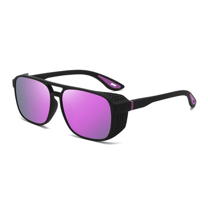 Sunglasses with black frame and purple lenses on a white background