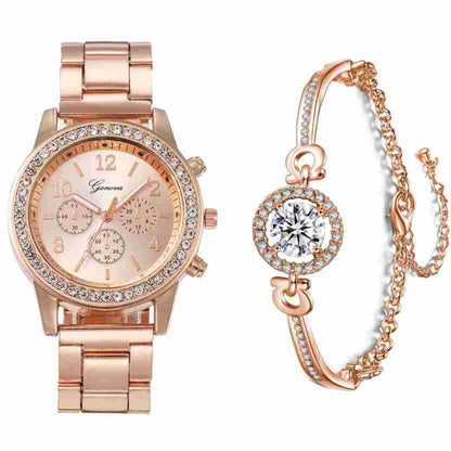 Rose gold watch and bracelet set on a white background