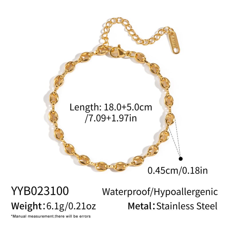 Gold-tone chain ornament bracelet with rounded links and small pull clasp