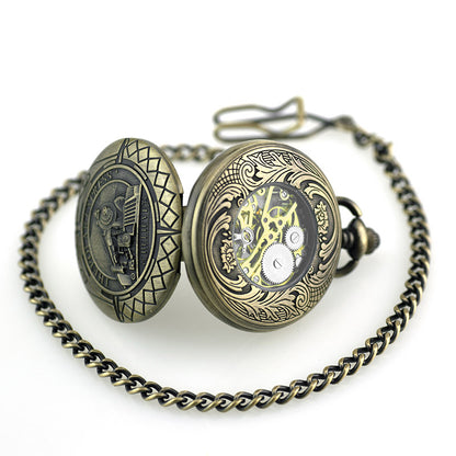 Vintage-style pocket watch with intricate design on a white background