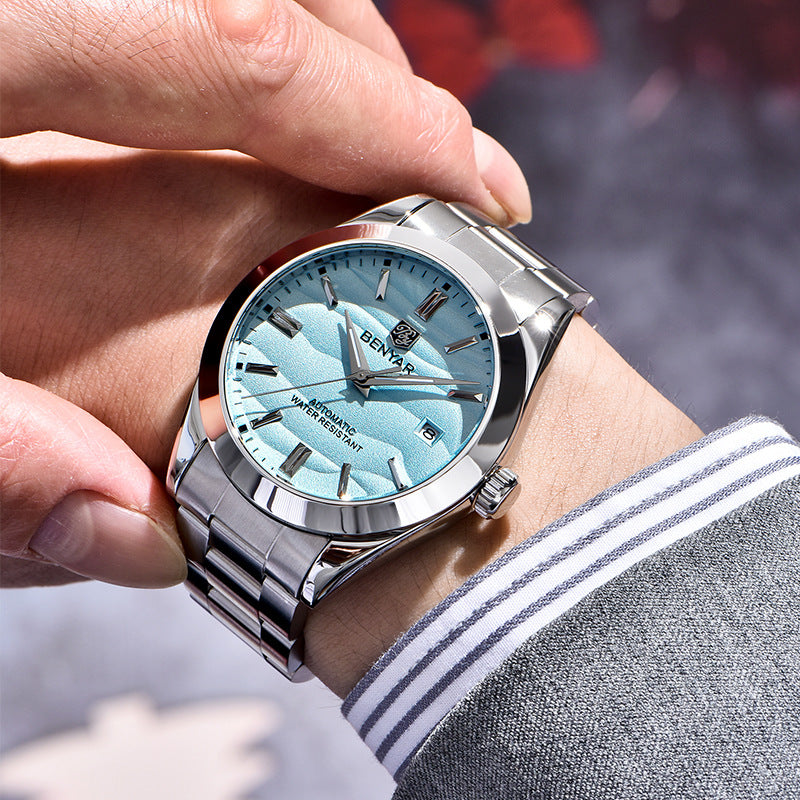 Men's automatic watch with light blue dial and silver metal bracelet