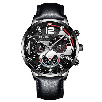 Black wristwatch with detailed face and leather strap on a white background