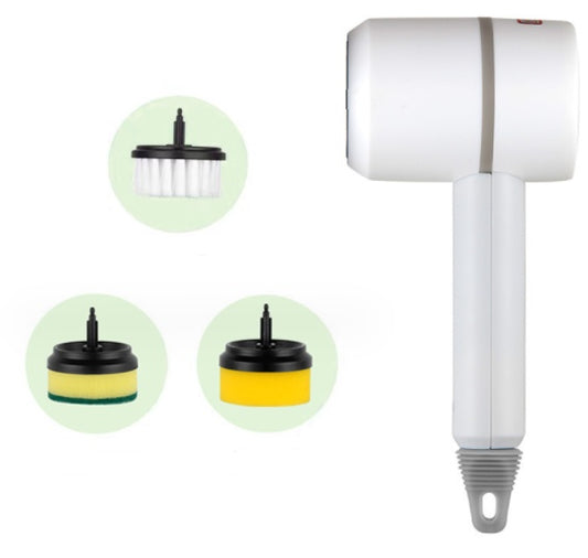White handheld cleaning tool with three attachment heads on a white background