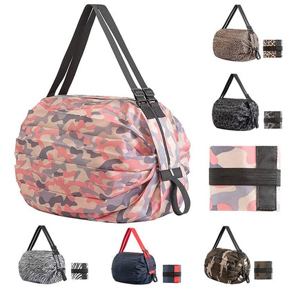 Camouflage-patterned bag with various smaller bags and accessories on a white background