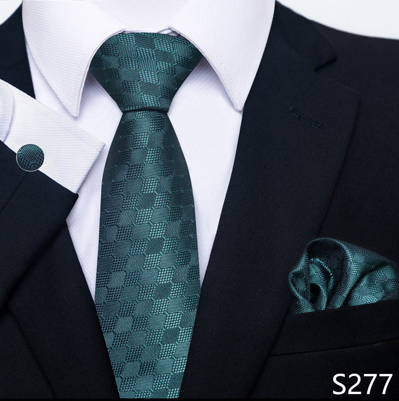 Men's formal tie, pocket square, and cufflink set with teal square-pattern tie