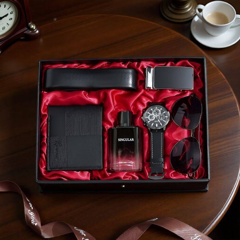 Men's gift set in black box with red satin, belt, wallet, watch, SINGULAR perfume bottle, heart keychain