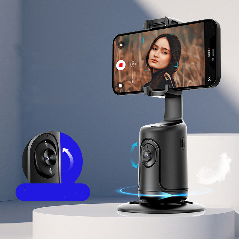 Smartphone mounted on a gimbal with a blue arrow indicating rotation, on a white platform against a blue background.