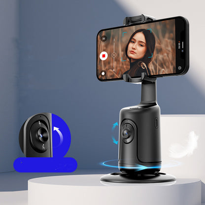 Smartphone mounted on a gimbal with a blue arrow indicating rotation, on a white platform against a blue background.
