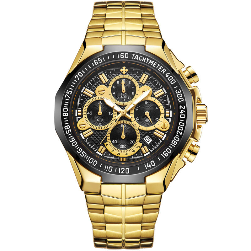 Gold-tone steel-strap quartz watch with black dial and black tachymeter bezel