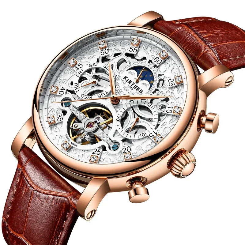 Automatic leather men's mechanical watch with brown strap and rose-gold case, silver open dial