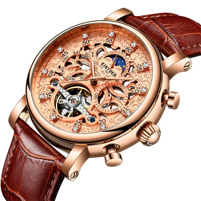 Automatic leather men's mechanical watch with brown strap and rose-gold case, gold open dial