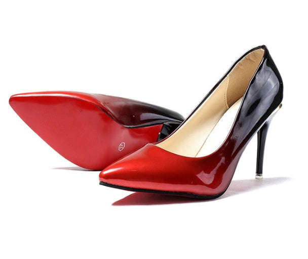 Women's high-heel shoes, red patent with beige insole, black lining, stiletto heel
