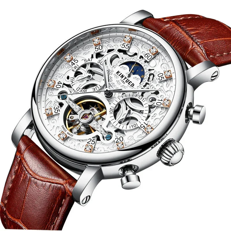 Automatic leather men's mechanical watch with brown strap and silver case, silver open dial