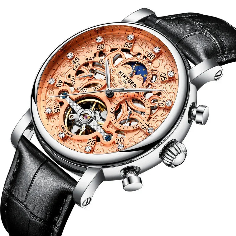 Automatic leather men's mechanical watch with black strap and silver case, gold-toned open dial
