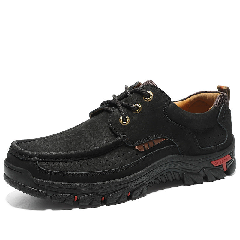 Men's cowhide leather shoes, black leather upper with black laces and cushioned collar