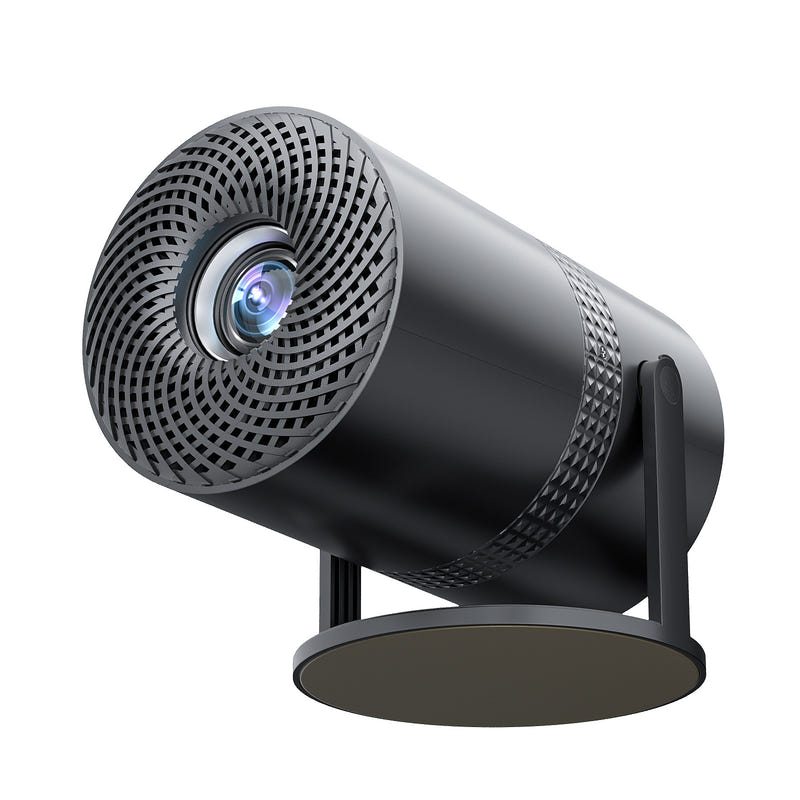 Black portable projector on stand with front lens and top vent grille