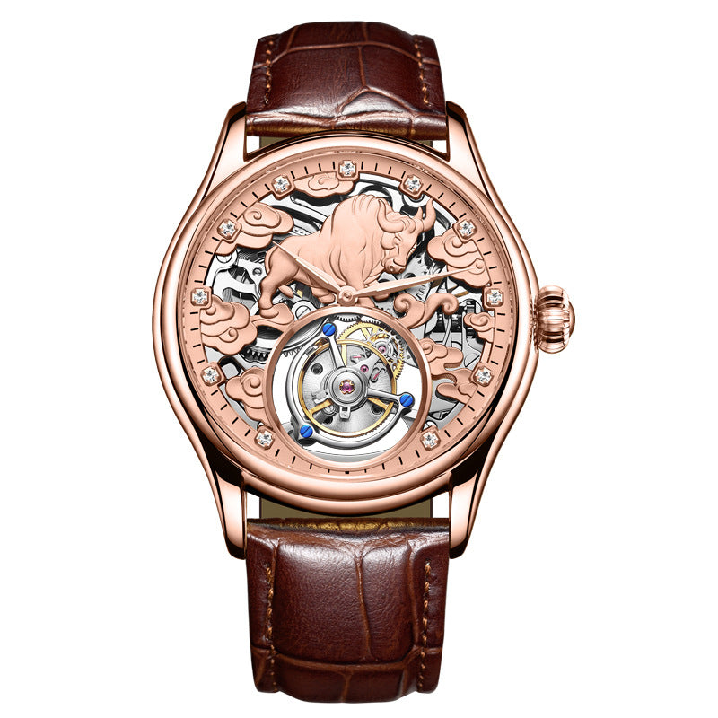 Rose-gold tone manual tourbillon wristwatch with brown leather strap and openwork dial