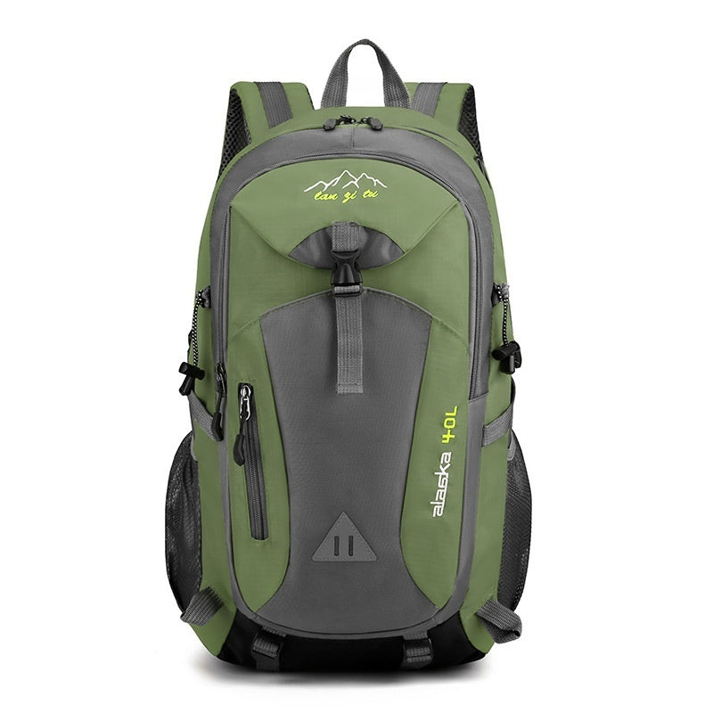 Outdoor polyester backpack in olive green and gray with front zip pocket and shoulder straps.