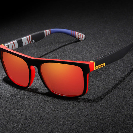 Sunglasses with red lenses and black frame on a dark background