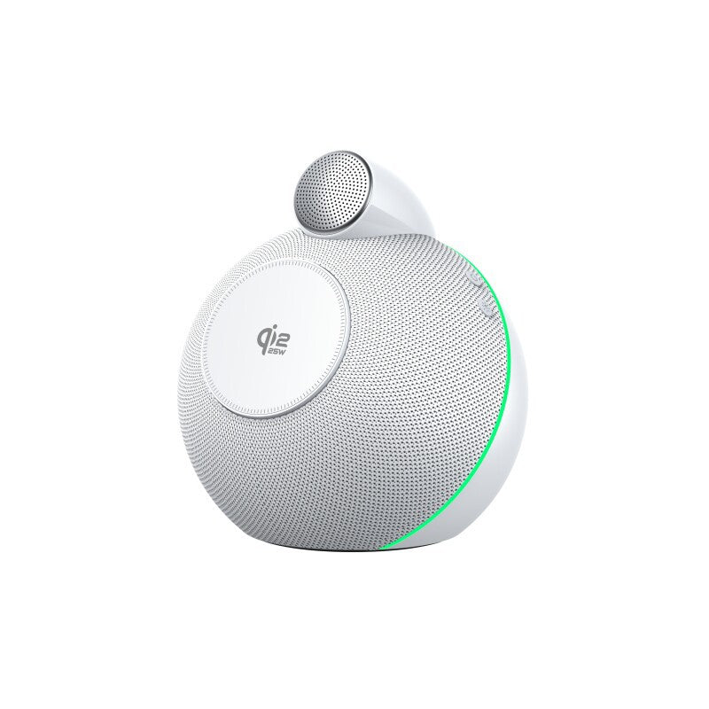 Wireless fast-charging Bluetooth home speaker, light gray/white with green LED ring