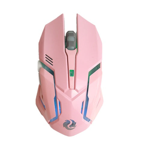 Pink wireless gaming mouse with vertical scroll wheel and side grip panels