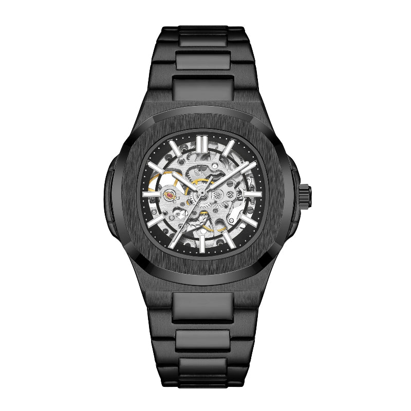 Black skeleton watch with black metal bracelet and open-work dial