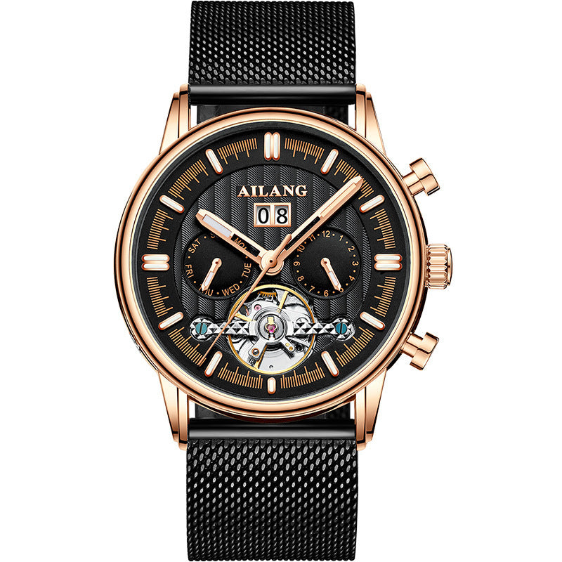 Luxury watch with black mesh strap and rose gold accents on a white background
