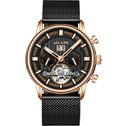 Luxury watch with black mesh strap and rose gold accents on a white background