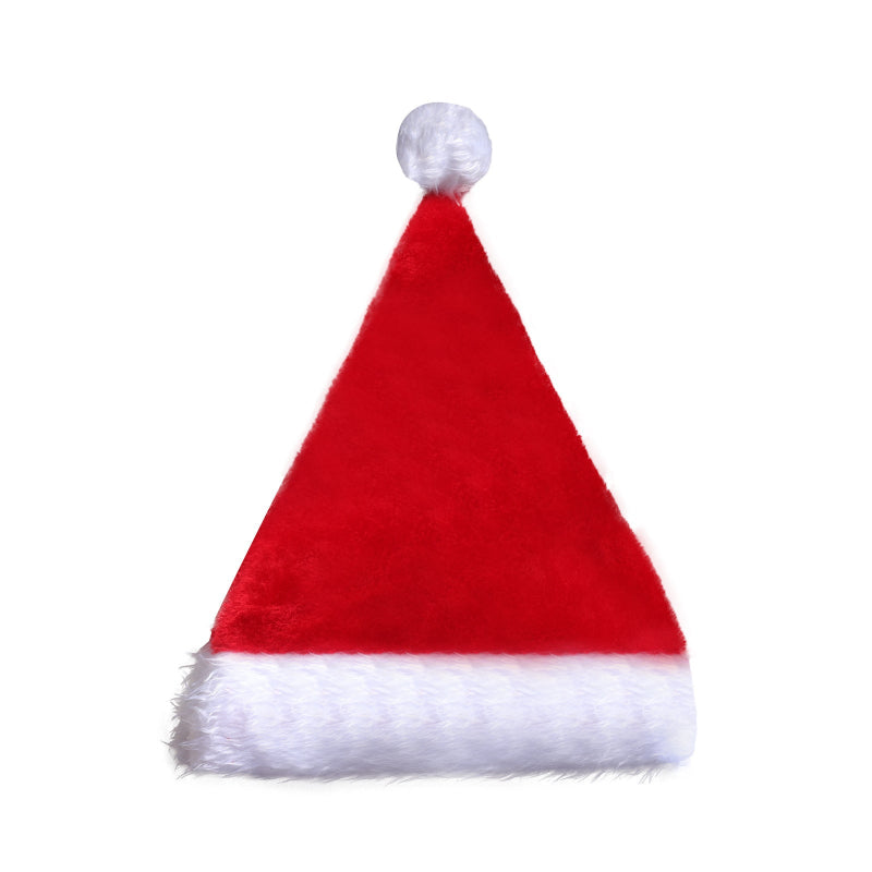 Red plush Santa-style hat with white fur trim and round white pom-pom