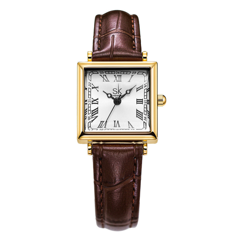 Women's retro square watch with gold-tone case, brown leather strap, Roman numeral dial.