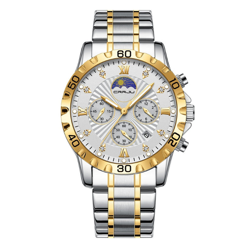 Two-tone quartz business watch with calendar, white dial, gold bezel and silver-gold bracelet.