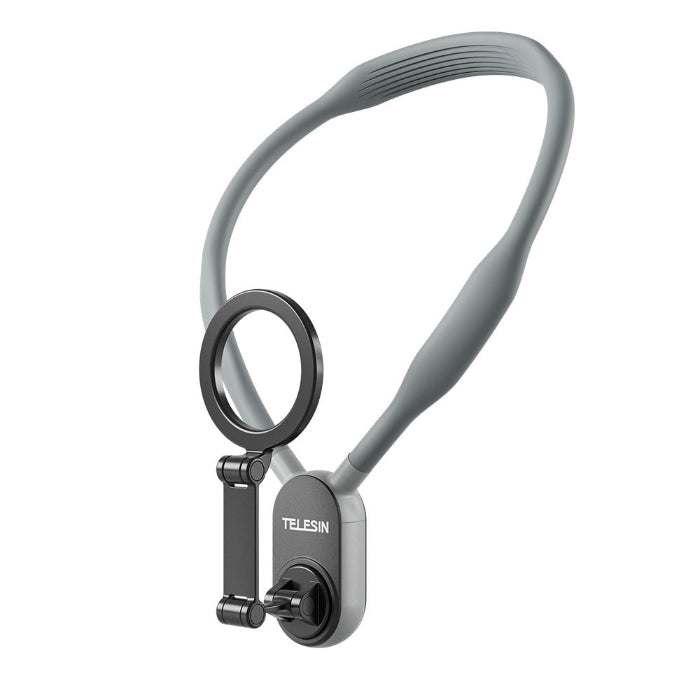 Gray silicone phone neck mount with magnetic ring holder, angled view
