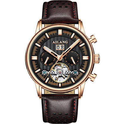 Luxury watch with black leather strap and rose gold casing on a white background