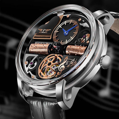 Luxury watch with intricate design and visible mechanical components on a dark background