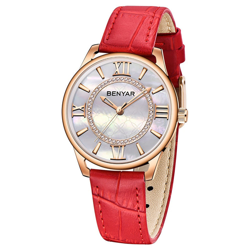 Quartz watch with red leather strap, rose-gold case, pale dial, Roman numerals, BENYAR