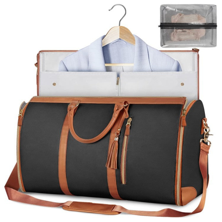 Dark gray and brown large-capacity travel duffel bag with zipper top and shoulder strap