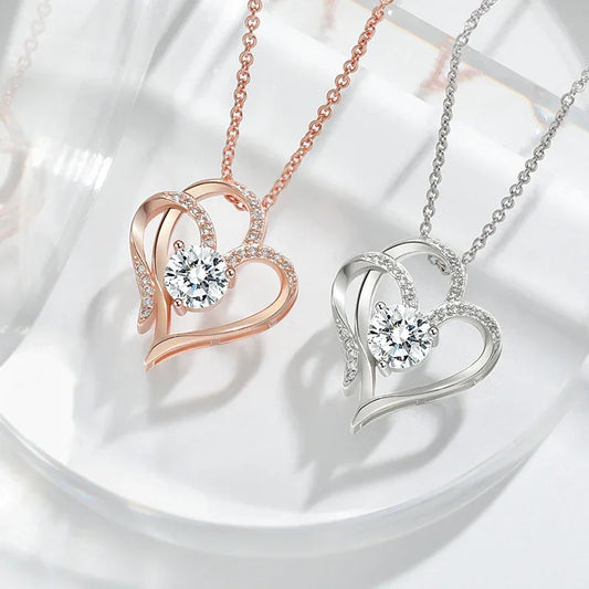 Zircon Double Heart Pendant Necklace - YAXSO