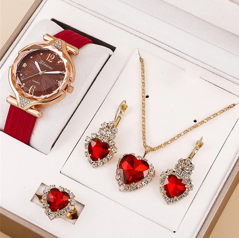 Women’s quartz watch with red strap and red heart crystal jewelry set, gold-tone
