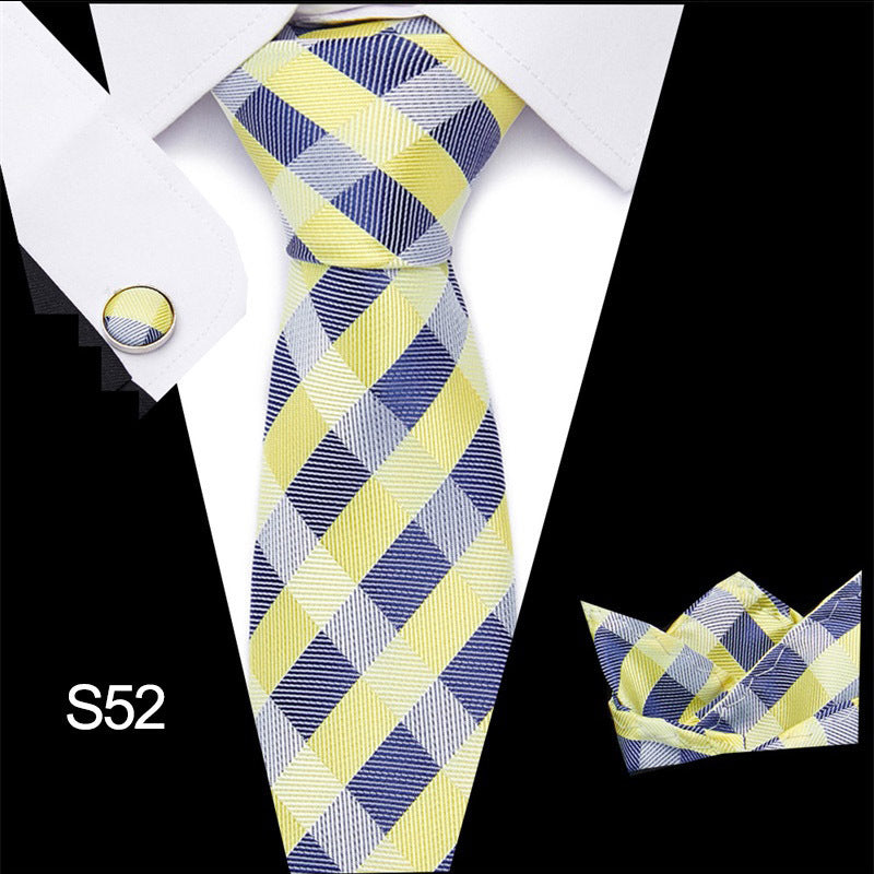 Men's business tie with yellow and navy check pattern and diagonal textured stripes