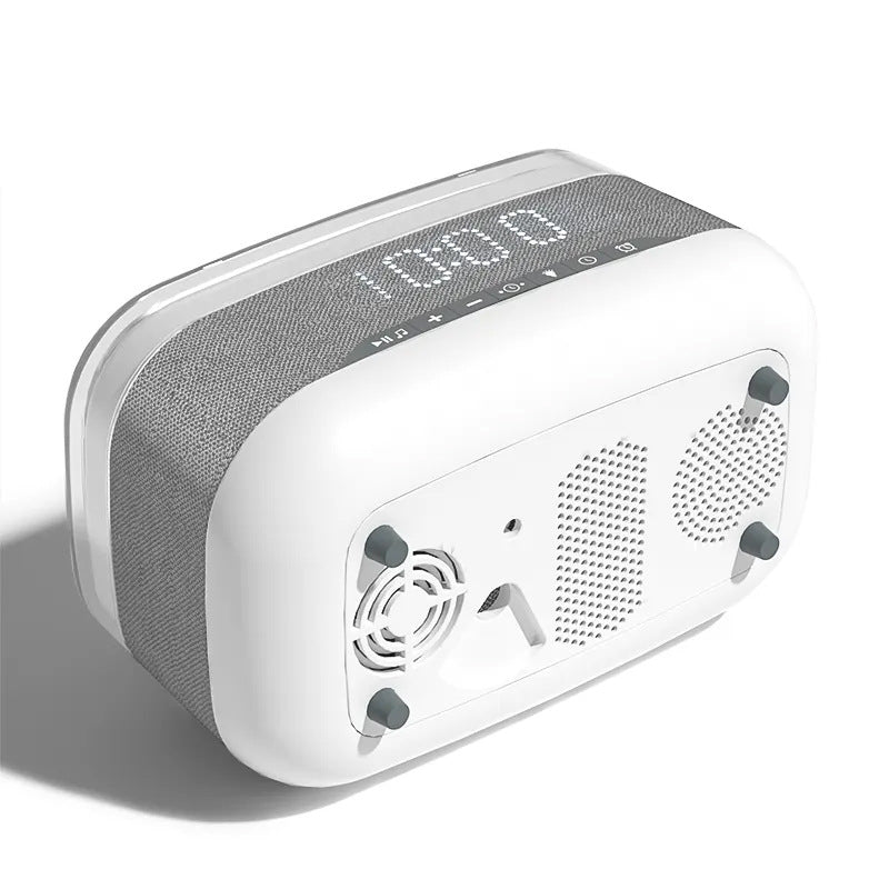 White and gray speaker with rear speaker grille and ports on the back panel