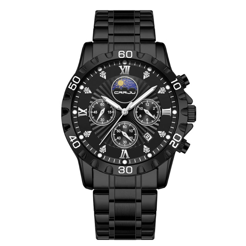 Two-tone quartz business watch with calendar, black dial and black metal bracelet.