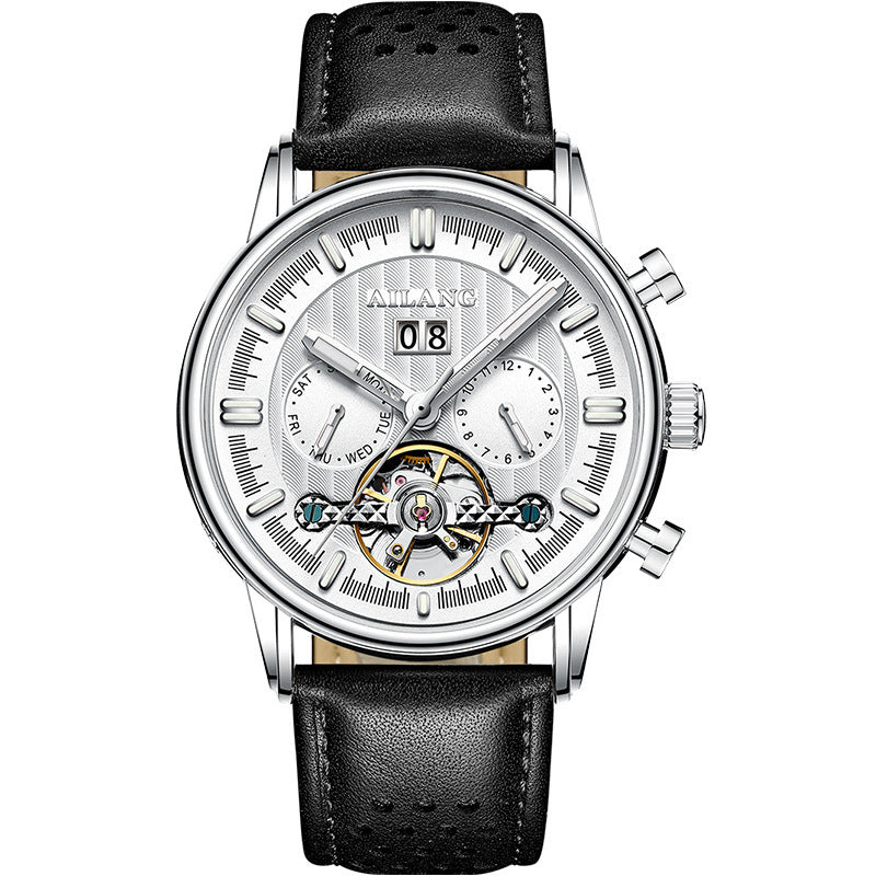 Watch with black leather strap and silver case on a white background